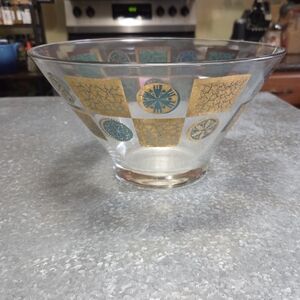Culver Glass MCM Starburst Medallion Pattern 22k Gold Trim Large Bowl